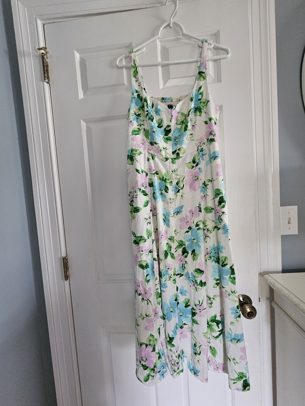 Women's A-line Floral Dress - White with Blue & Pink Flowers